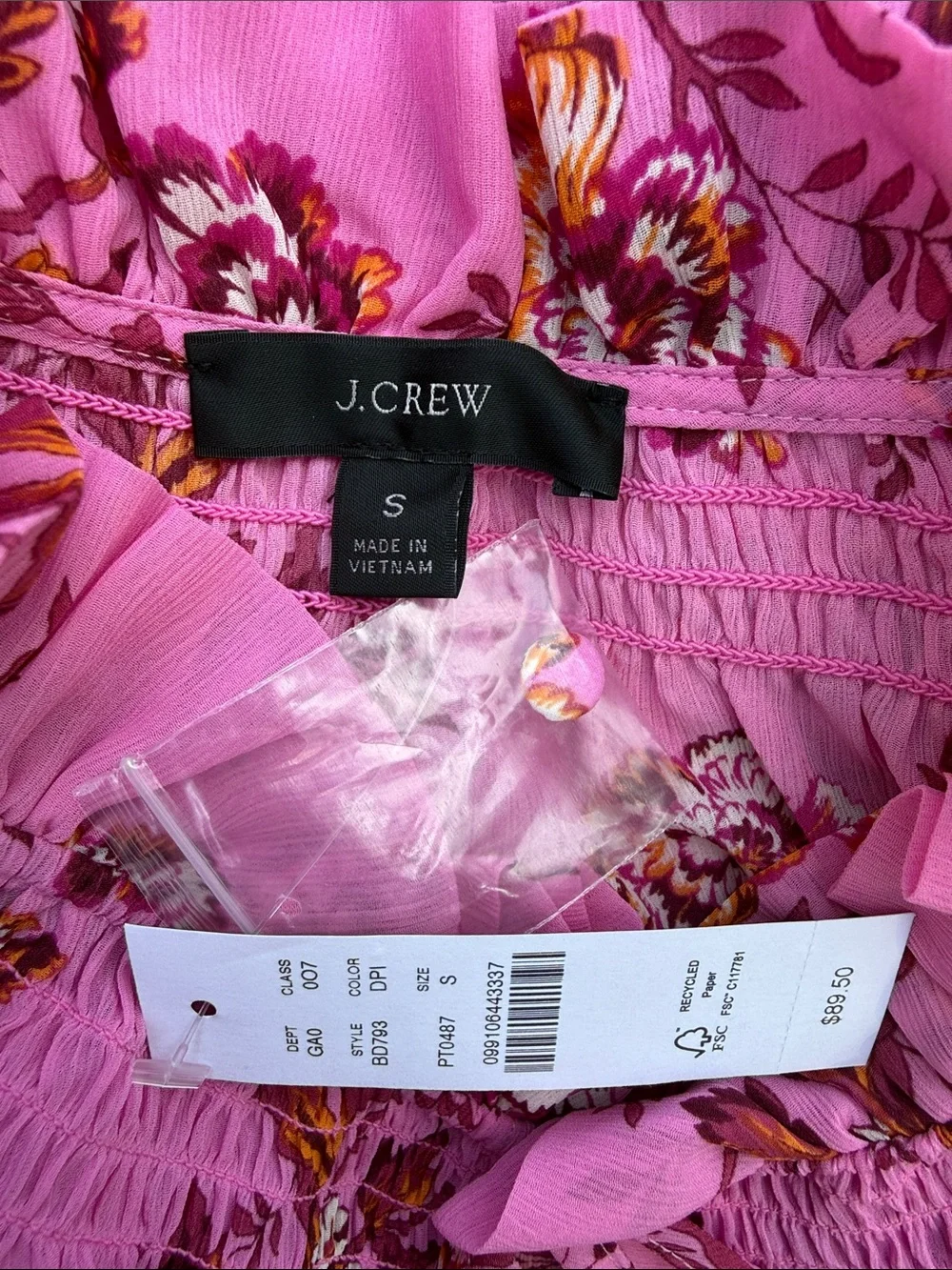 J. Crew Pink Floral Tie-Neck Smocked Blouse